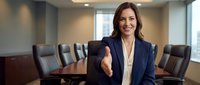 Professional businesswoman extending handshake in modern conference room. Corporate meeting space with executive chairs and table for business negotiations.