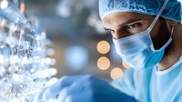 Middle Eastern male surgeon in protective mask and cap concentrating during operation, with bokeh lights and medical equipment in background, blue tones.