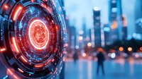 Futuristic red circular hologram interface against blurred city skyline with glowing lights and reflections, showcasing advanced technology visualization.