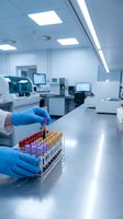 Laboratory technician in blue gloves handling blood sample test tubes in modern medical research facility for diagnostic testing and analysis.