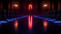 Dark futuristic conference room with rows of empty chairs illuminated by dramatic blue neon lights and red accent lighting, creating reflective surfaces and symmetrical perspective.