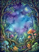 Enchanted forest clearing at night with glowing mushrooms, twisted trees, and starry sky with crescent moon, magical woodland fantasy scene for children's book illustration and fantasy artwork.