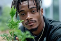 Young African American man with dreadlocks and facial hair smiling while tending to green plants outdoors, wearing black hoodie. Natural lifestyle portrait.