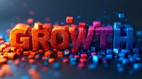 Colorful pixelated GROWTH text with vibrant orange to blue gradient on dark background with scattered digital particles for business concepts.