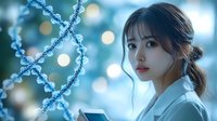 Young Asian female scientist in white lab coat examining DNA structure model against blue bokeh background with genetic research visualization.