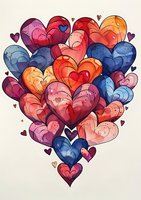 Colorful watercolor hearts arrangement in red, blue, and pink tones with delicate line art details, creating romantic composition for Valentine's Day cards and love-themed designs.