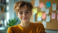Young blonde woman with short pixie haircut smiling in yellow sweater at modern office workspace with colorful sticky notes on wall behind her.