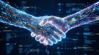 Digital handshake with glowing circuit patterns representing AI partnership and technological collaboration in futuristic business environment.