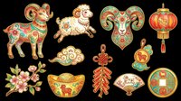 Colorful Chinese New Year ram and sheep clipart set with lantern, coins, fan, and firecrackers, isolated on transparent background, for T-shirts and print on demand.
