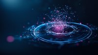 Glowing blue and pink digital network sphere with connected dots and lines floating in dark space, abstract technology concept visualization for data analytics.