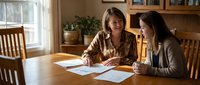 Two professional women collaborating on business documents at wooden dining table in bright home office setting with natural lighting and plants.