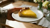 Woman's hand holding white plate with slice of golden custard tart on wooden table with flowers. Homemade dessert for cafe menu or bakery advertising.