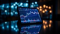 Digital tablet displaying financial trading charts and market data analysis with colorful bokeh city lights background for investment applications.