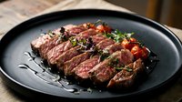 Grilled beef steak slices with herbs and tomatoes on black plate. Restaurant quality meat dish for culinary presentations and food marketing materials.
