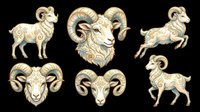Aries ram zodiac sign illustrations in gold and cream tones, isolated on transparent background. Ready for t-shirt designs, clipart, stickers, sublimation, and print-on-demand products.