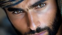 Close up portrait of Middle Eastern man with intense brown eyes and dark beard wearing traditional headscarf, dramatic lighting emphasizes facial features and expression.
