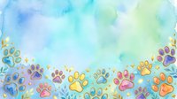 Colorful paw prints in watercolor style arranged along bottom border on soft pastel background, suitable for pet-related designs, greeting cards, and animal-themed projects.