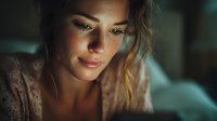 Young woman with blonde hair illuminated by soft blue light from digital device at night, creating intimate atmosphere for online communication or reading.