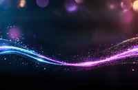Magical glowing wave with sparkling particles and bokeh effects in blue and purple colors against dark background, creating ethereal abstract light trail.