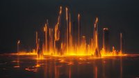 Glowing orange energy pillars rise from cracked ground surface with luminous reflections against dark background, creating dramatic sci-fi atmosphere.