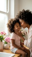 Adult woman of African descent with curly brown hair wearing a light pink shirt tenderly touches the face of a young girl with similar curly hair in a white shirt, sharing an intimate moment by a bright window with pink flowers in a white vase on a wooden surface.