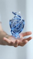Futuristic holographic shield with gears floating above open palm. Digital security protection concept for cybersecurity and data safety technology solutions.