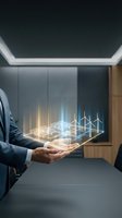 Businessman in dark suit holding glowing holographic wind turbines and energy grid visualization on tablet, representing renewable energy technology and sustainable power solutions for business presentations.