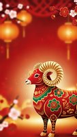 Chinese New Year ram with traditional ornaments and lanterns on red festive background for holiday celebrations and greeting cards.