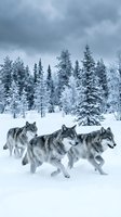 Pack of gray wolves running through snowy winter forest landscape with snow-covered evergreen trees under dramatic cloudy sky for wildlife photography.