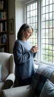 Senior woman with long gray hair wearing blue sweater holding coffee cup by window with grid panes, bookshelf visible, contemplative moment for lifestyle and wellness content.