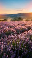 Lavender field in full bloom at golden hour with soft focus mountains and warm sunset sky, suitable for travel, nature, and wellness design projects.