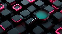 Magnifying glass on black keyboard with pink backlit keys, representing search technology and digital investigation for cybersecurity professionals.