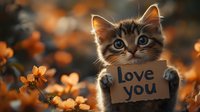 Adorable tabby kitten holding love message sign surrounded by orange spring flowers in soft bokeh light. Sweet romantic pet portrait for greeting cards.