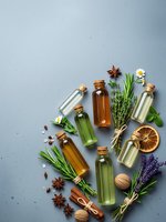 Natural essential oil bottles with fresh herbs, spices and dried citrus arranged on textured blue background for aromatherapy and wellness concepts.