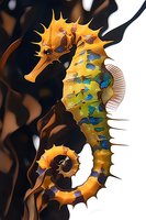 Vibrant seahorse in orange, yellow and blue tones against dark background, featuring detailed spines and distinctive curved body shape, suitable for marine art and decor.