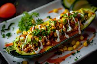 Stuffed zucchini boats filled with colorful vegetables, beans and herbs on white plate. Healthy vegetarian meal with fresh garnish and sauce drizzle.