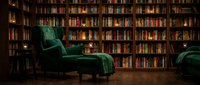 Cozy home library interior with floor-to-ceiling bookshelves filled with books and elegant green velvet armchair for reading and relaxation.
