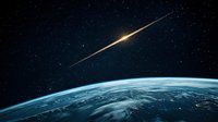 Bright meteor streaking across starry night sky above curved Earth horizon with glowing atmosphere, view from space. Dramatic astronomical scene.