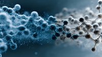 Molecular structure with spherical atoms connected by bonds in blue and gray tones, scientific visualization for research, education and medical presentations.