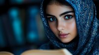 Young Middle Eastern woman wearing blue hijab looking at camera with intense gaze against dark background with bokeh lights, dramatic portrait with moody lighting.