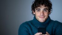 Young man with curly dark hair wearing teal turtleneck sweater smiles while looking at mobile phone screen against gray background. Positive emotions concept.
