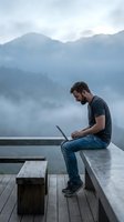 Young bearded man working on laptop while sitting on wooden dock overlooking misty mountain lake at dawn for remote work and digital nomad lifestyle.