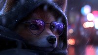 Pomeranian dog wearing round purple sunglasses and hood at night, with neon city lights bokeh reflection in glasses creating cyberpunk atmosphere.