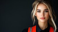 Young blonde woman wearing black top and orange safety vest against dark background, professional portrait with soft lighting and confident expression.