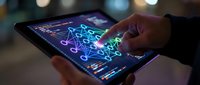 Businessman analyzing financial data on tablet with glowing charts and graphs for investment decisions and market research in modern office environment.