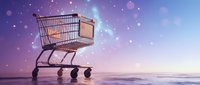 Shopping cart on reflective surface with dreamy bokeh lights and gradient sky background for retail and e-commerce concepts.