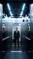 Professional businessman in dark suit standing confidently in modern elevator with briefcase and mirrored walls creating multiple reflections.