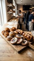 Fresh baked pastries and bread displayed on wooden cutting board in busy artisan bakery with customers shopping in background.