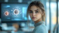 Young Caucasian woman in turtleneck sweater looking at futuristic holographic display showing virus cell structure in modern medical laboratory environment.
