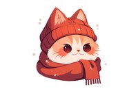 Cute orange cat wearing red winter beanie and scarf, kawaii style cartoon character with big eyes and fluffy face on white background, isolated design element for stickers.